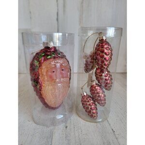 Kohl's pinecone‎ santa claus face red glass ornament Xmas set